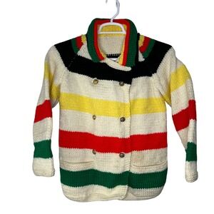Vintage Hand Knit Sweater Cardigan Women's Small Chunky Hudson Bay Style Striped